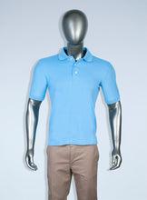 Load image into Gallery viewer, Men’s light blue pique polo with a cotton/polyester blend, designed for comfort in every activities at work or school.