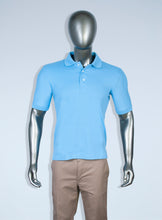 Load image into Gallery viewer, Men’s light blue pique polo with a cotton/polyester blend, designed for comfort in every activities at work or school.
